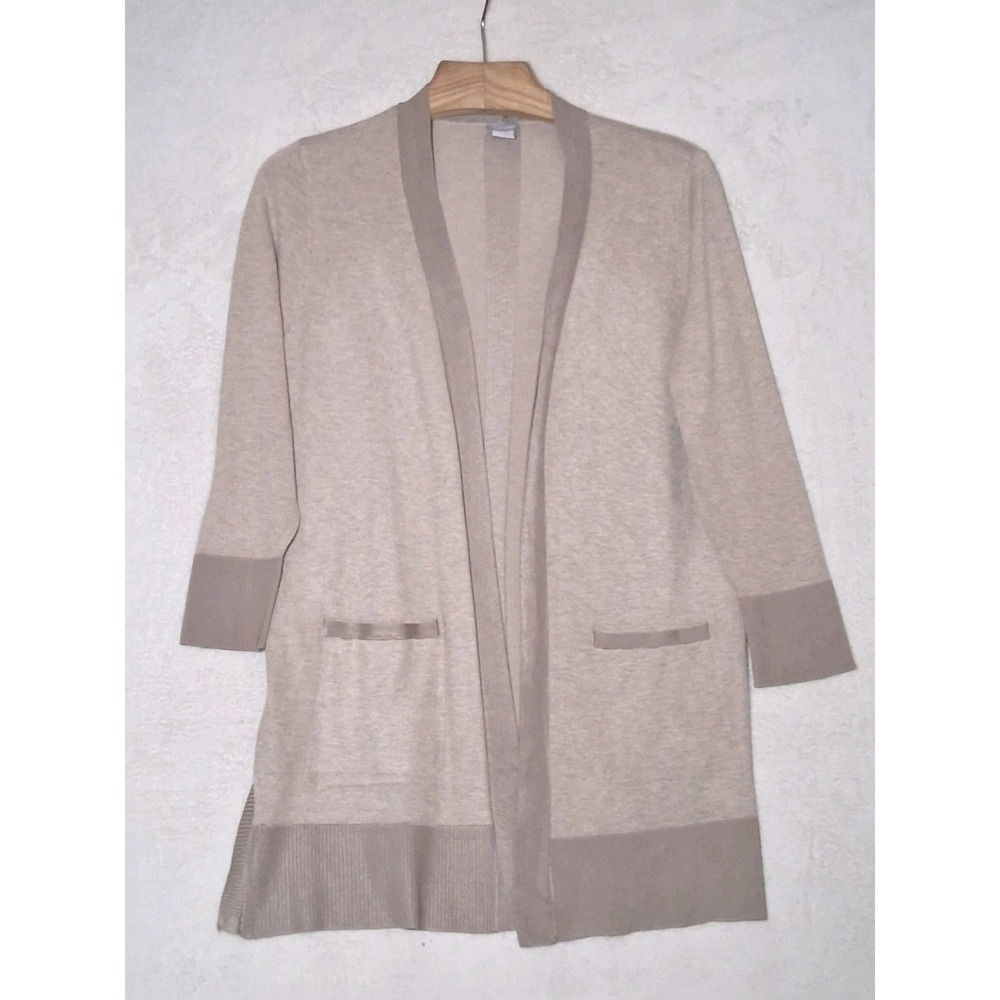 Chico's Duster Cardigan Size 2P Tan Open Front Pointelle Longline Knit Placket